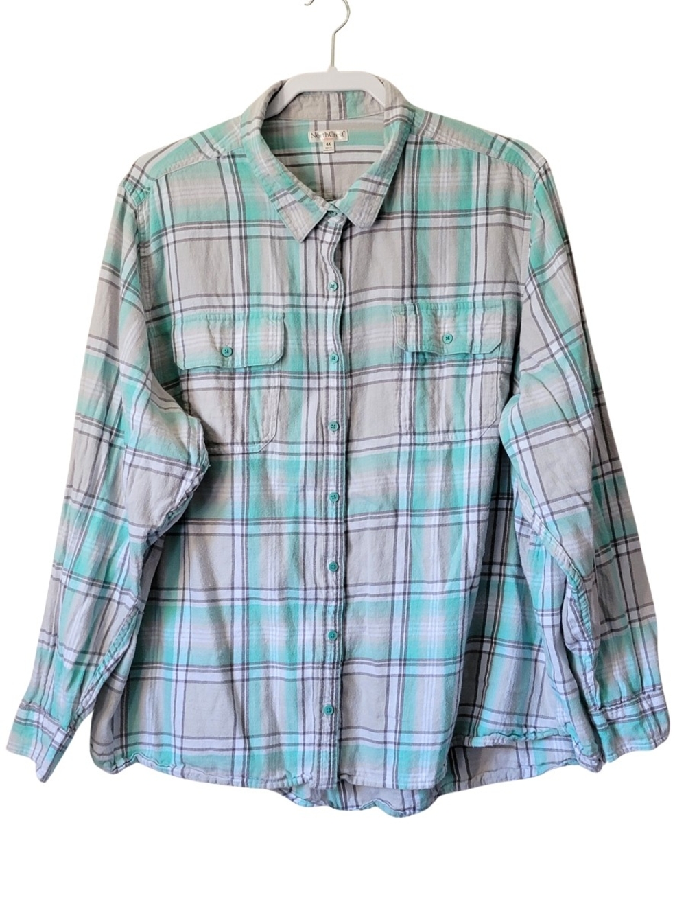 Womens Flannel Mint & Light Gray Plaid Button-Down Shirt 1X EUC